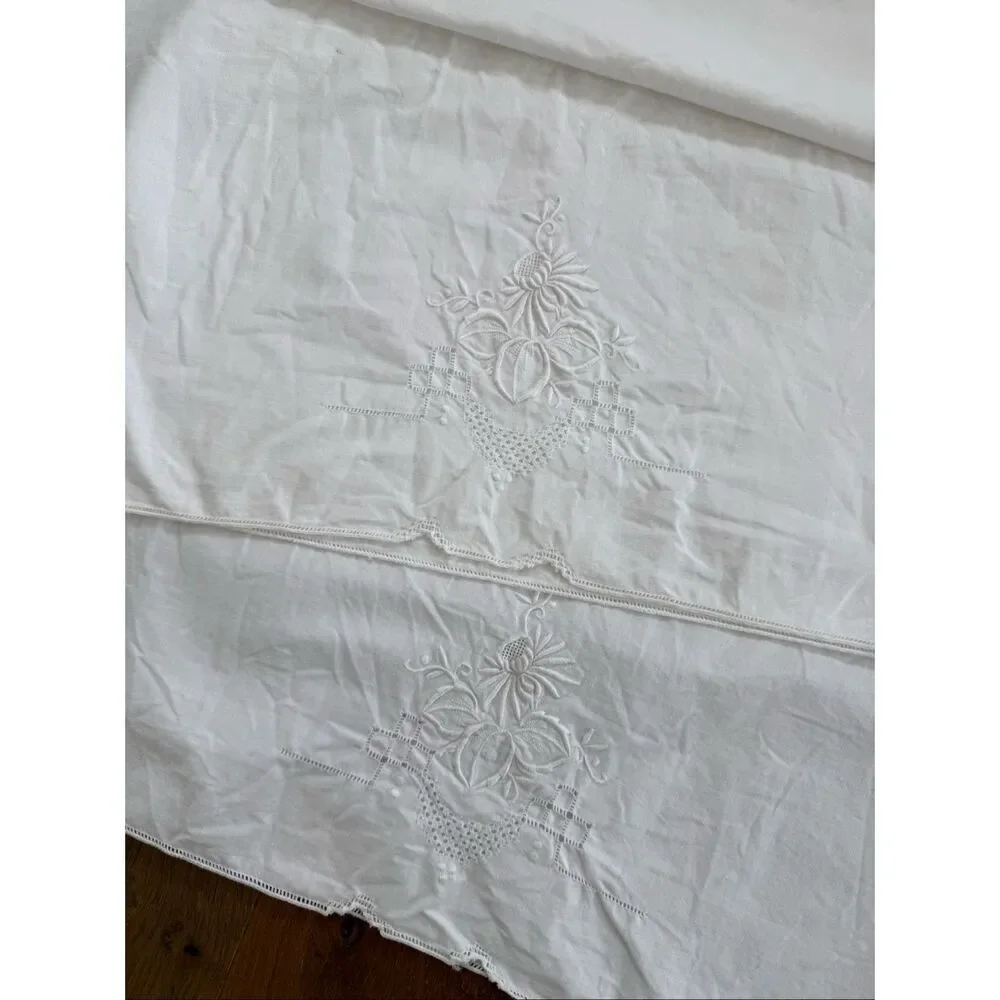 2 Vintage Queen Size Pillowcases Tonal Embroidered Floral Hemstitch Edge